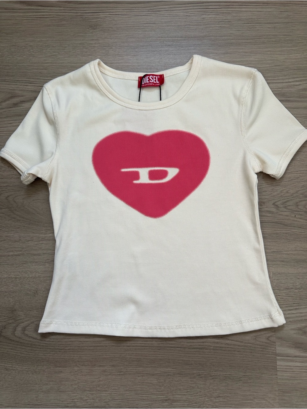 Diesel Cream Ribbed Crop Top Red Heart Graphic New Unused